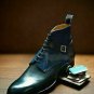 Handmade Men's Leather Black & Blue Jodhpurs Double Strap Ankle Boots-600