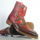 Handmade Men's Leather Monk Two Tone Red ANKLE HIGH Dress Stylish Boots-724
