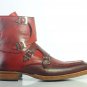 Handmade Men's Leather Monk Two Tone Red ANKLE HIGH Dress Stylish Boots-724