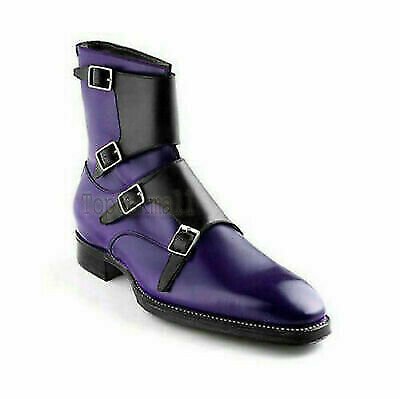 Handmade Men's Leather Monk Strap Ankle Navy Ankle High Casual Wear Boots-609