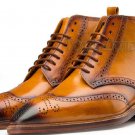 Handmade Men's Leather Tan Burnished Brogue Lace Up Oxford High Ankle Boots-669