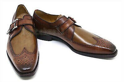 Handmade Men's Leather Two Tone Wing Tip Brogue Toe Monk Straps Shoes-838