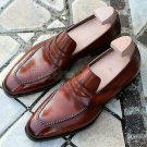 Handmade Men's Leather Genuine Brown Stylish Loafers Slip On Dress Shoes-66