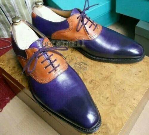 Handmade Men's Leather Blue & Tan Formal Fashion Stylish Oxfords Dress Shoes-68
