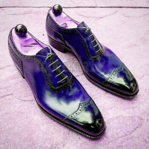Handmade Men's Leather Oxfords Wingtip Blue Rounded Party Wear Formal Shoes-238