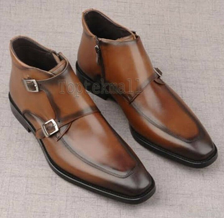 Handmade Men's Leather Apron Toe Chukka Brown Classic Double Strap Boots-567