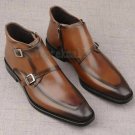 Handmade Men's Leather Apron Toe Chukka Brown Classic Double Strap Boots-567
