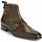 Handmade Men's Leather Brown Dress Double Monk Zipper Formal Casual Boots-630