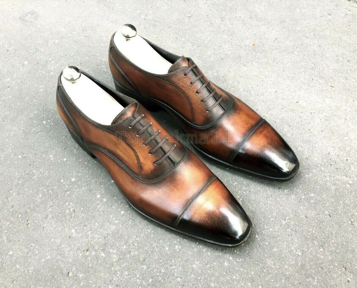 Handmade Men's Leather Oxfords Wingtip Brown Burnished Dress Lace Up Shoes-676