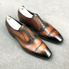 Handmade Men's Leather Oxfords Wingtip Brown Burnished Dress Lace Up Shoes-676