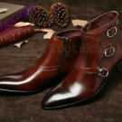Handmade Men's LEATHER New  BROWN TRIPLE MONK ANKLE HIGH BUCKLE BOOTS-710
