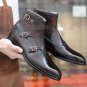Handmade Men's LEATHER New BROWN TRIPLE MONK ANKLE HIGH BUCKLE BOOTS-710