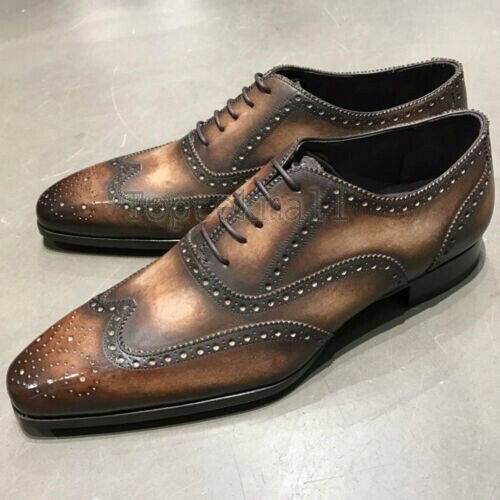 Handmade Men's Leather Oxfords Wingtip Two Tone Brown Brogue Dress Shoes-734