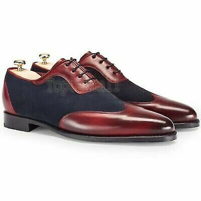 Handmade Men's Leather Oxfords Two Tone Maroon Navy Blue Suede shoes-880