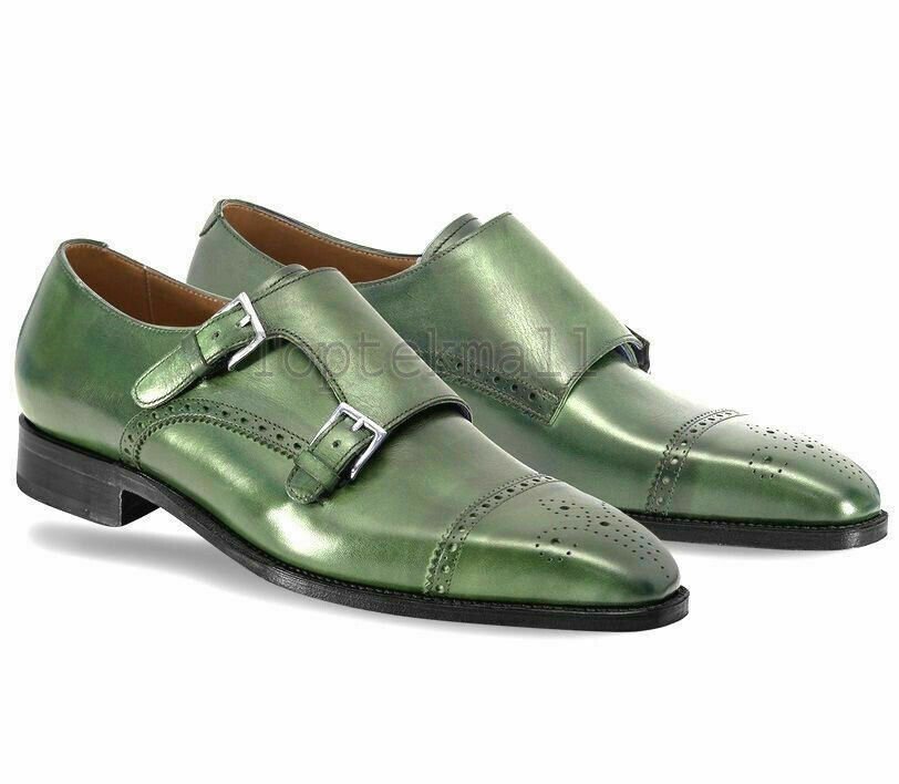 Handmade Men's Leather Green Monk Brogue Cap Toe Monk straps Shoes-881