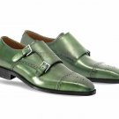 Handmade Men's Leather Green Monk Brogue Cap Toe Monk straps Shoes-881