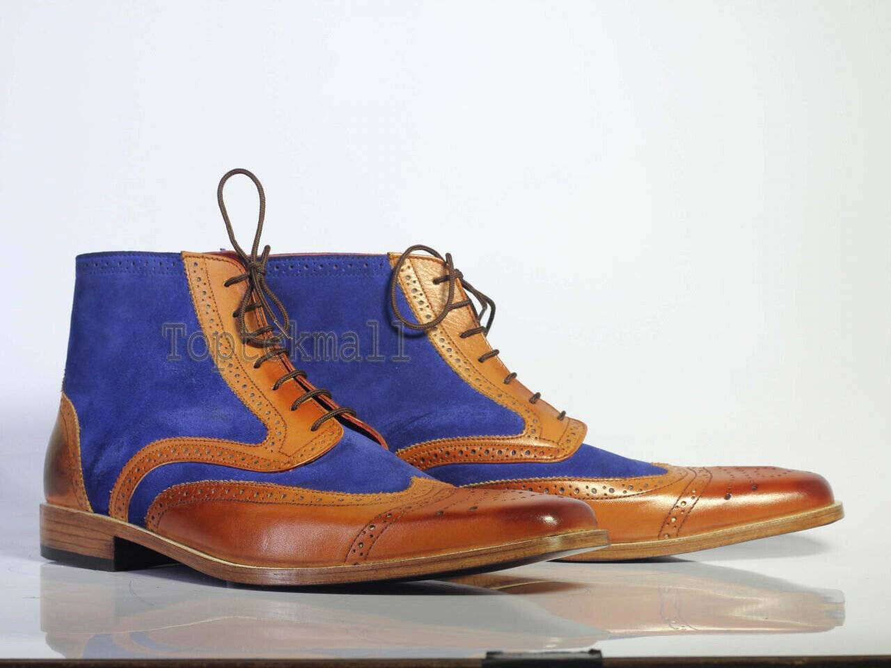 Handmade Men's Leather & Suede Ankle high Blue Brown Fashion Designer Boots-592