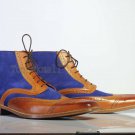 Handmade Men's Leather & Suede Ankle high Blue Brown Fashion Designer Boots-592