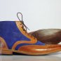 Handmade Men's Leather & Suede Ankle high Blue Brown Fashion Designer Boots-592