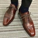 Handmade Men's Leather Oxfords Wingtip Coffee Brown Classic  Cap Toe Shoes-705