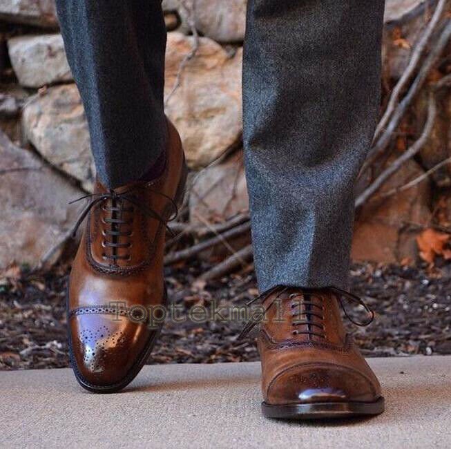 Handmade Men's Leather Oxfords Wingtip Lace up Two Tone Brogues Dress shoes-938