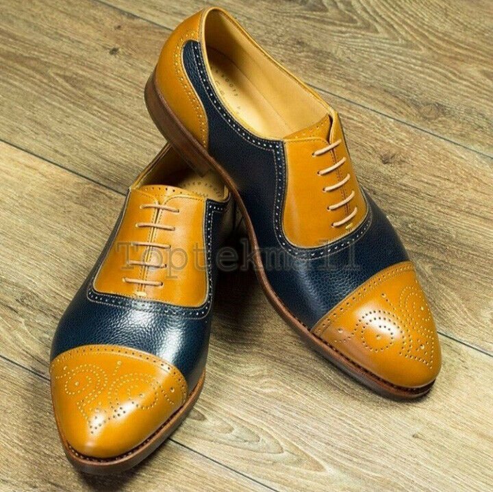 Handmade Men&acirc;��s Leather Oxfords Wingtip Blue Tan Cap Toe Premium Dress Shoes-234