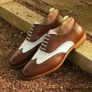 Handmade Men's Leather Oxfords Wingtip Two Tone White Brown Brogue New Shoes-331