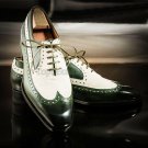 Handmade Men's Leather Oxford Two Tone Green White Wingtip Top Quality Shoes-378