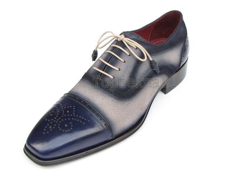 Handmade Men's Leather Oxfords Wingtip Dress Blue Medallion Toe Party Shoes-757