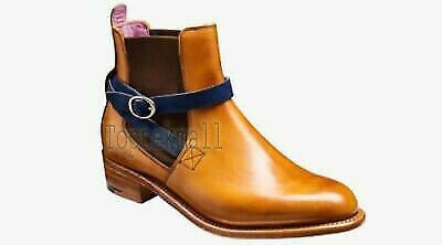 Handmade Women's Leather Three Tone Tan Brown Blue Monk Buckle Strap Boots-625