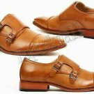 Handmade Men's Leather Genuine Tan Double Monk Oxford Cap Toe Formal Shoes -67