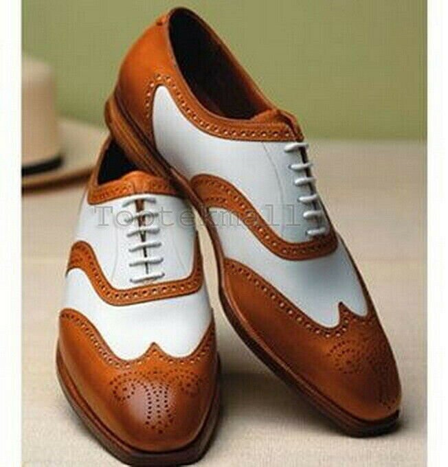 Handmade Men's Leather Two Tone Brown & White Real Wing Tip Brogue Shoes-278