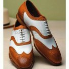 Handmade Men's Leather Two Tone Brown & White Real Wing Tip Brogue Shoes-278