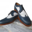 Handmade Men's Leather Fashion suede Oxfords Blue White formal toe cap Shoes-510