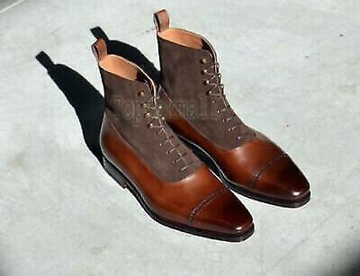 Handmade Men's Leather & Suede Tan Casual Fashion Lace Up Brogue Ankle Boots-635