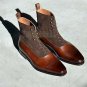 Handmade Men's Leather & Suede Tan Casual Fashion Lace Up Brogue Ankle Boots-635