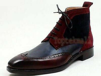 Handmade Men's Leather Suede Maroon & Black Lace Up Brogue Ankle High Boots-636