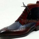 Handmade Men's Leather Suede Maroon & Black Lace Up Brogue Ankle High Boots-636