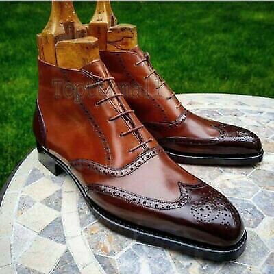 Handmade Men's Leather TWO TONE CAP TOE BROWN Fashion ANKLE LACE UP Boots-647