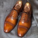Handmade Men's Leather Oxfords Tan Lace up Party Wear Wingtip Brogues Shoes-738