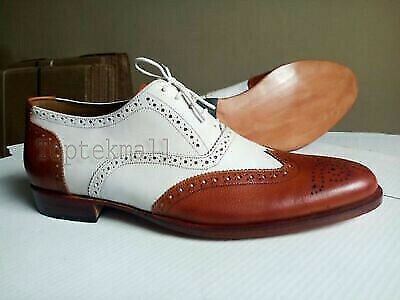 Handmade Men's Leather Oxfords Two Tone White Brown Cont Brogue Toe Shoes-850