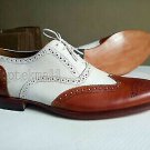Handmade Men's Leather Oxfords Two Tone White Brown Cont Brogue Toe Shoes-850