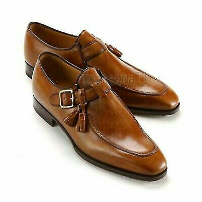 Handmade Men's Leather Single Monk Buckle Brown New Top Quality Formal Shoes-373