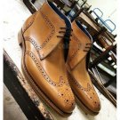 Handmade Men's Leather Tan Wing Tip Brogue Leather Ankle High Chukka Boots-543