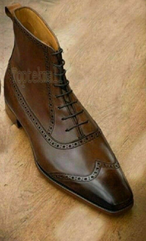 Handmade Men's Leather New wing tip brogue BROWN Ankle High Fashion Boots-550