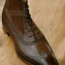 Handmade Men's Leather New wing tip brogue BROWN Ankle High Fashion Boots-550