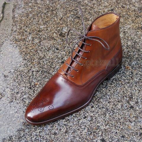 Handmade Men's Leather TWO TONE CAP TOE  ANKLE LACE UP LEATHER SOLE Boots-583