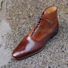 Handmade Men's Leather TWO TONE CAP TOE  ANKLE LACE UP LEATHER SOLE Boots-583