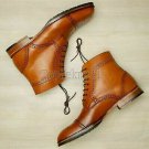 Handmade Men's Leather Tan Brogue Dress Ankle High Formal Casual Wear Boots-615