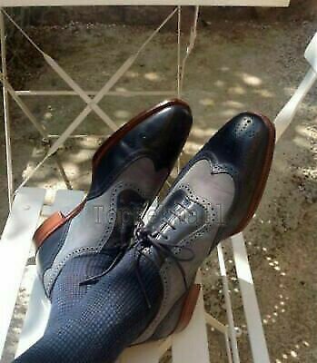 Handmade Men's Leather Oxfords Two Tone Dress Formal Brogues Wingtip Shoes-384